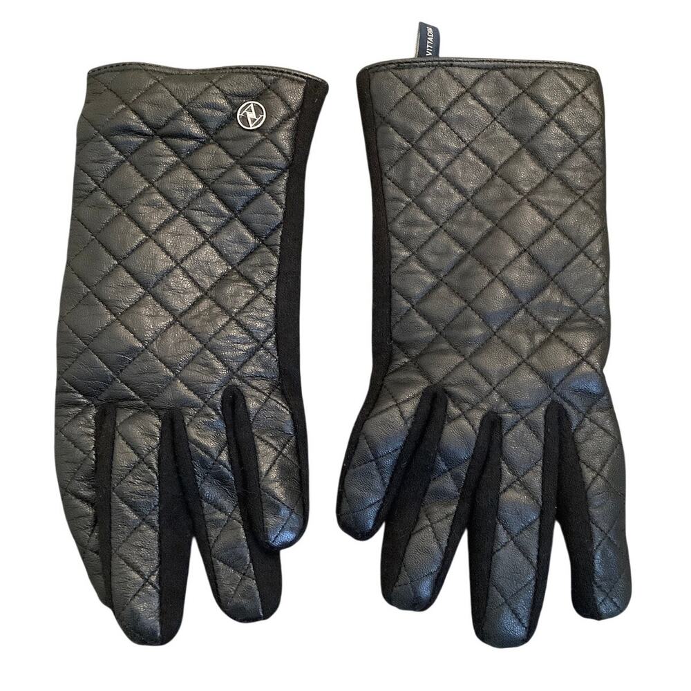 Adrienne Vittadini Women's Medium Black Leather Quilted Gloves Winter Chic D27-2